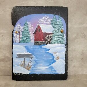 Vintage Hand Painted Winter Scene Slate Wall‎ Art Red Mill House Decor